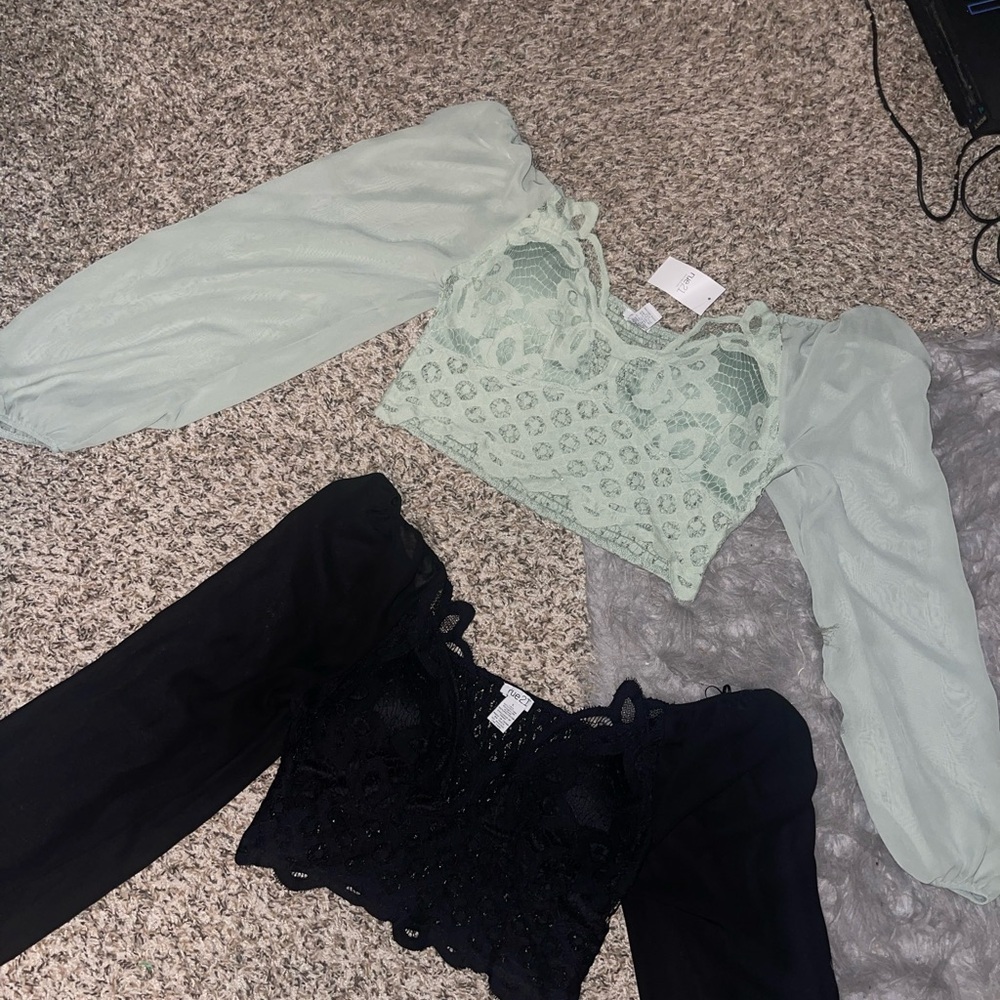 Rue21 Crochet Lace Crop Top Bundle - Sage Green & Black - Picture 2 of 10